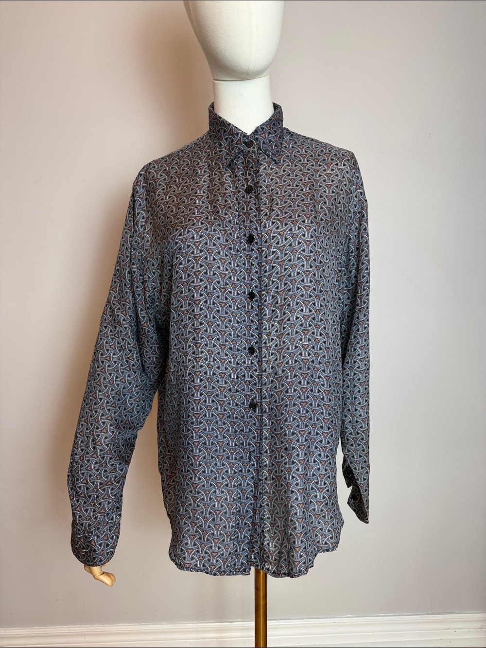 Vintage H·E·R Hudson’s Bay 100% Pure Silk Geometric Button Down Shirt M